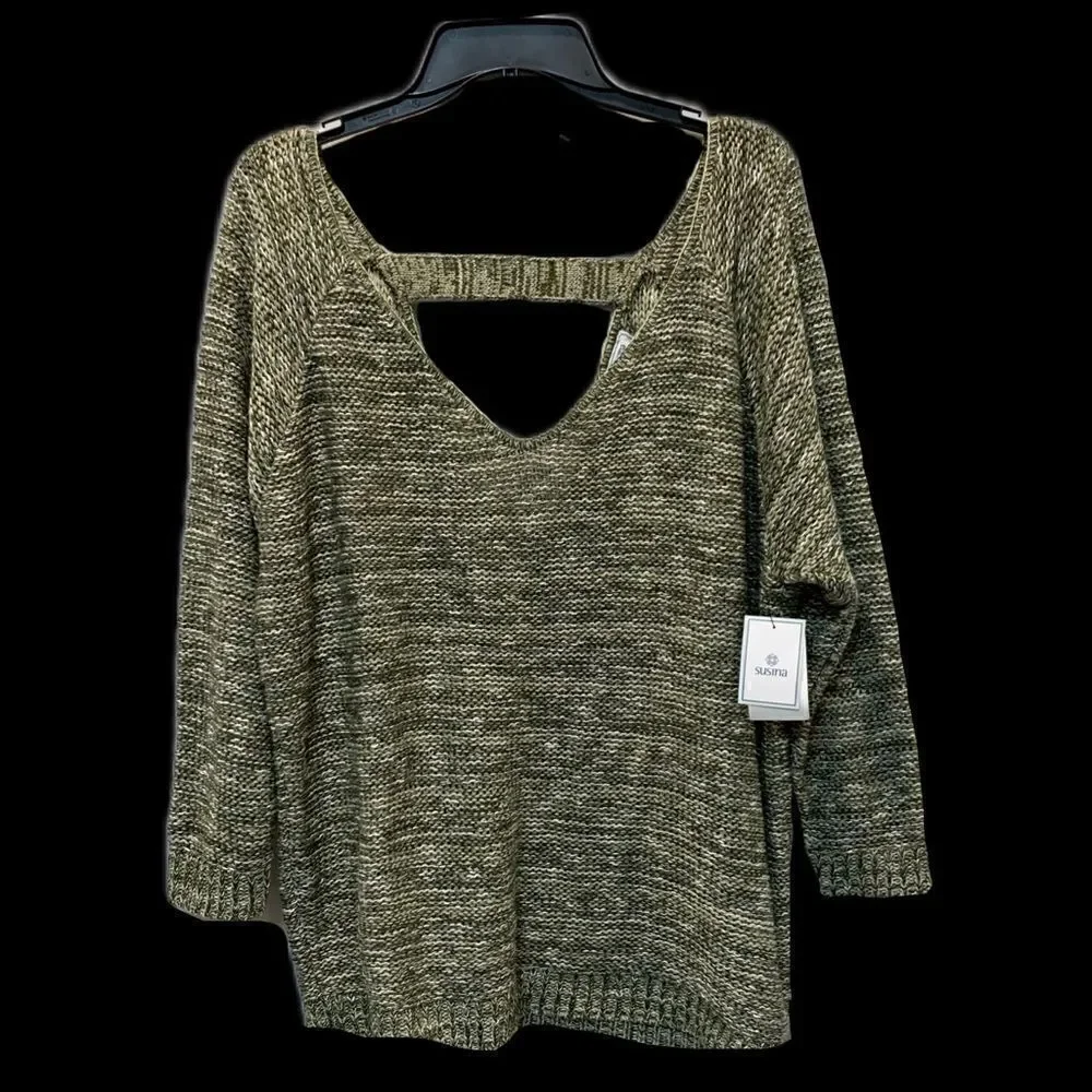 NWT SUSINA Olive green/white knit Deep V-Neck Strap Back Sweater Size 1X